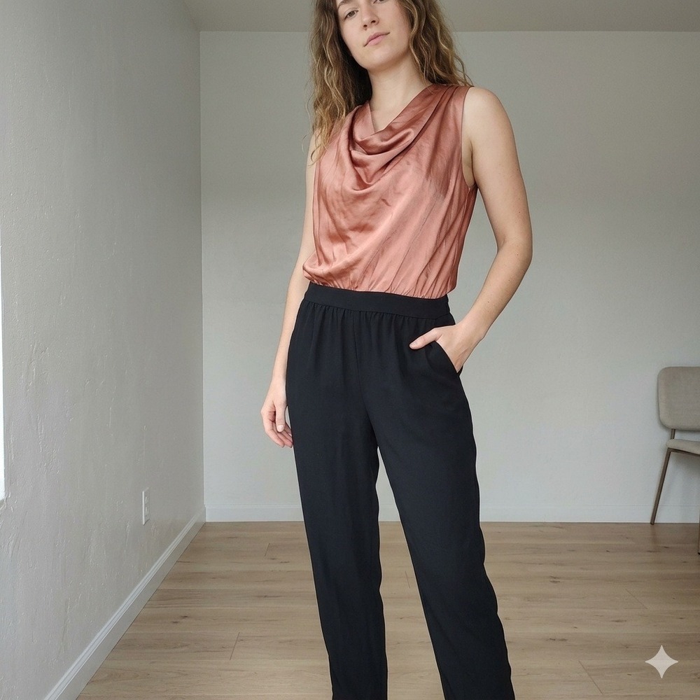Reiss Harley-Drape Bow Back Jumpsuit Womens 2 Pink Black Satin Elegant Chic NWT